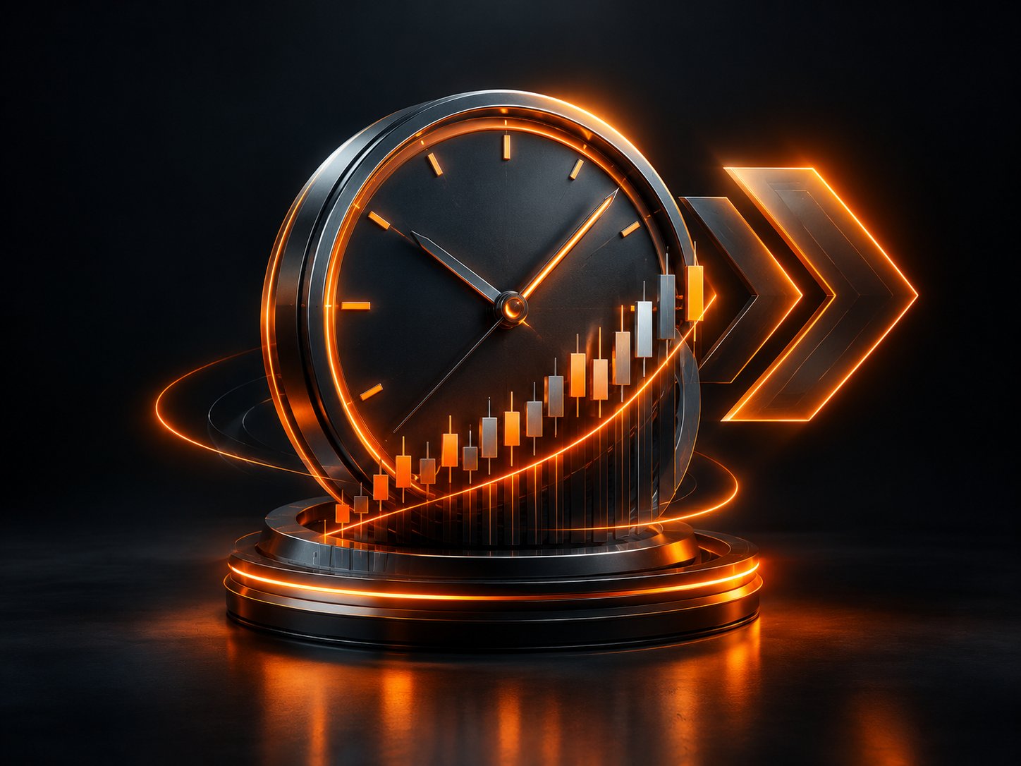 Clock merged with a crypto chart and forward arrows
