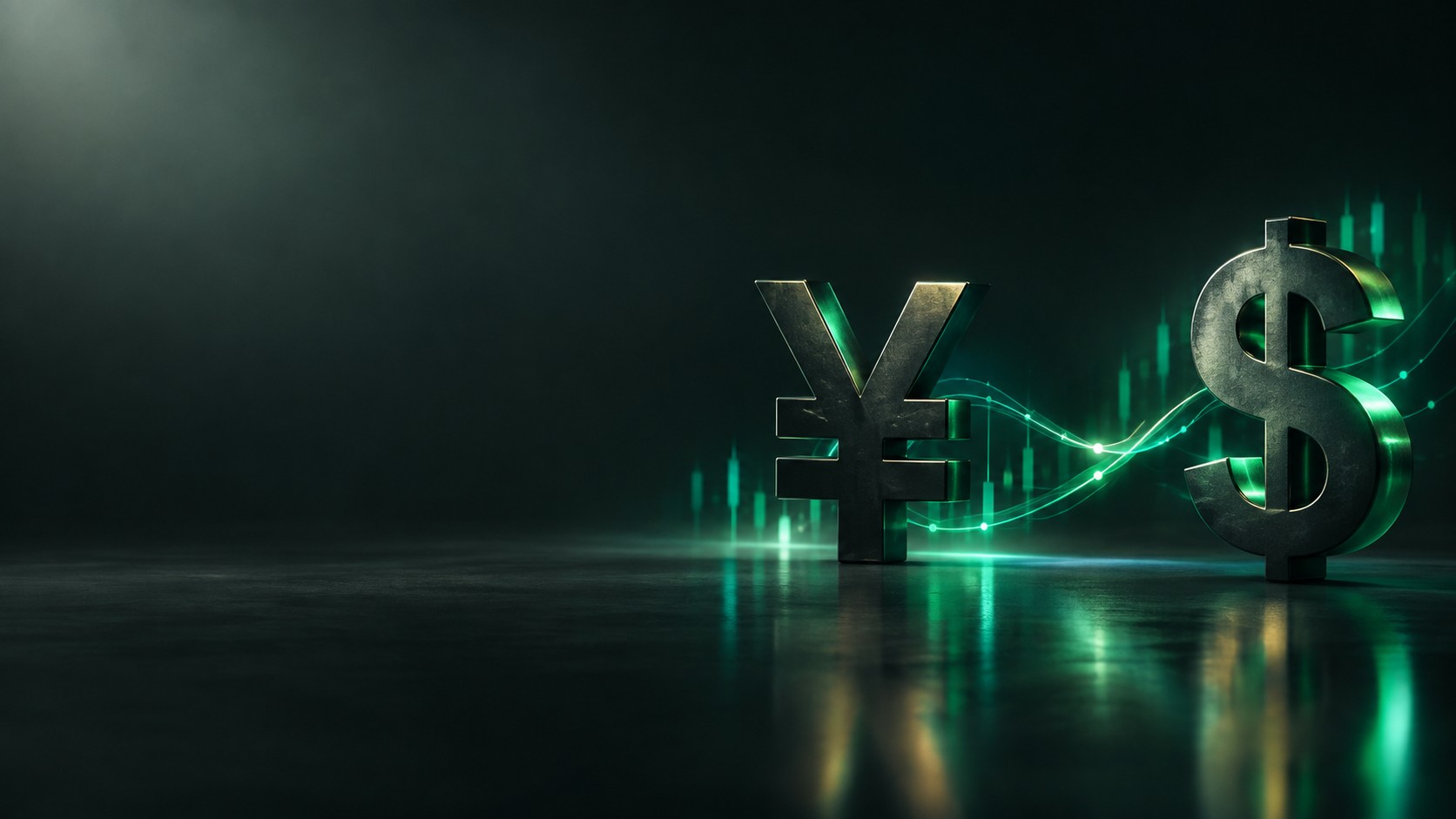 Stylized yen symbol and dollar symbol connected by glowing price lines