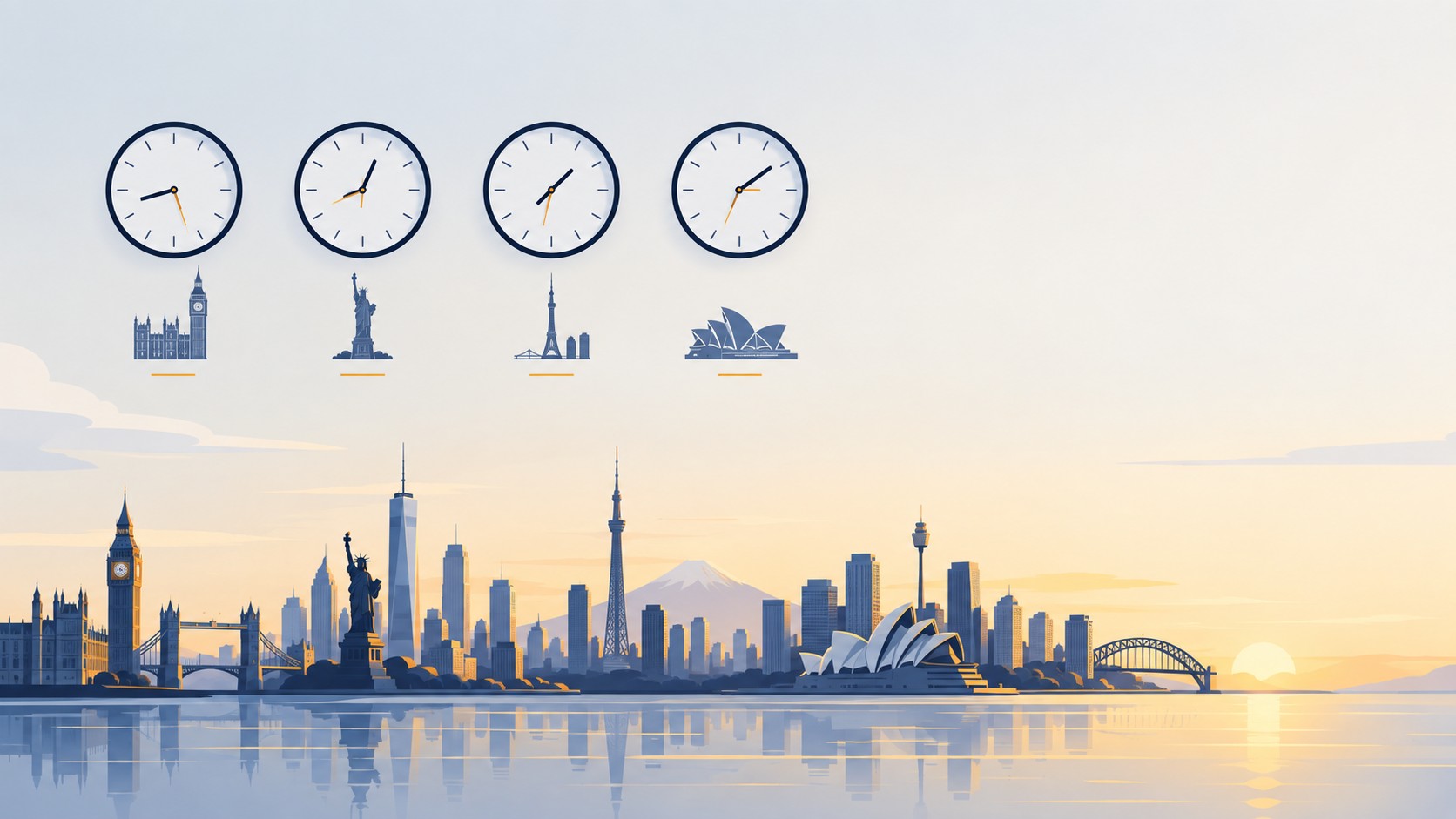 Four clocks showing london new york tokyo and sydney trading session times above a city skyline