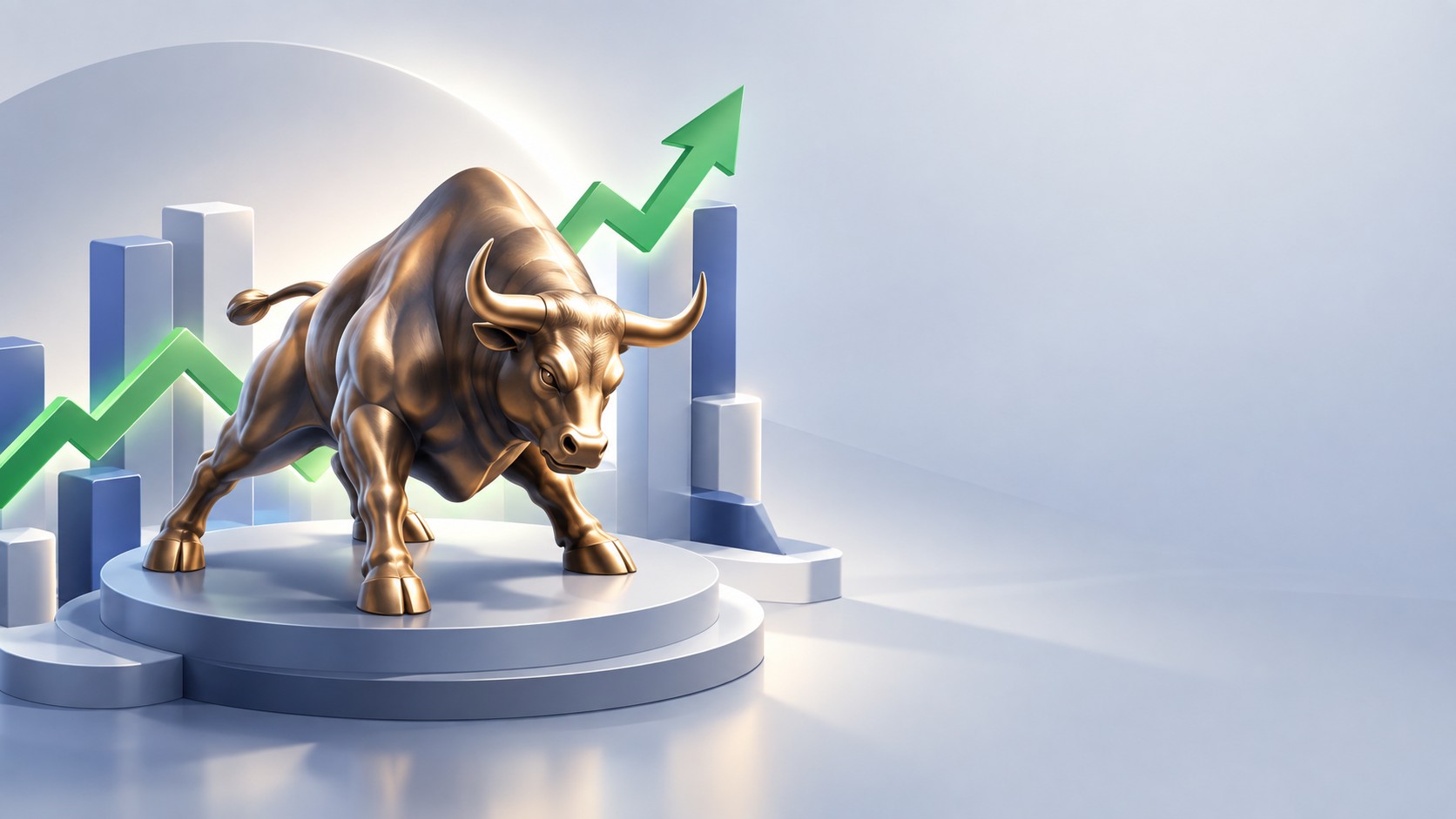 Powerful bronze bull statue with rising green chart lines behind it