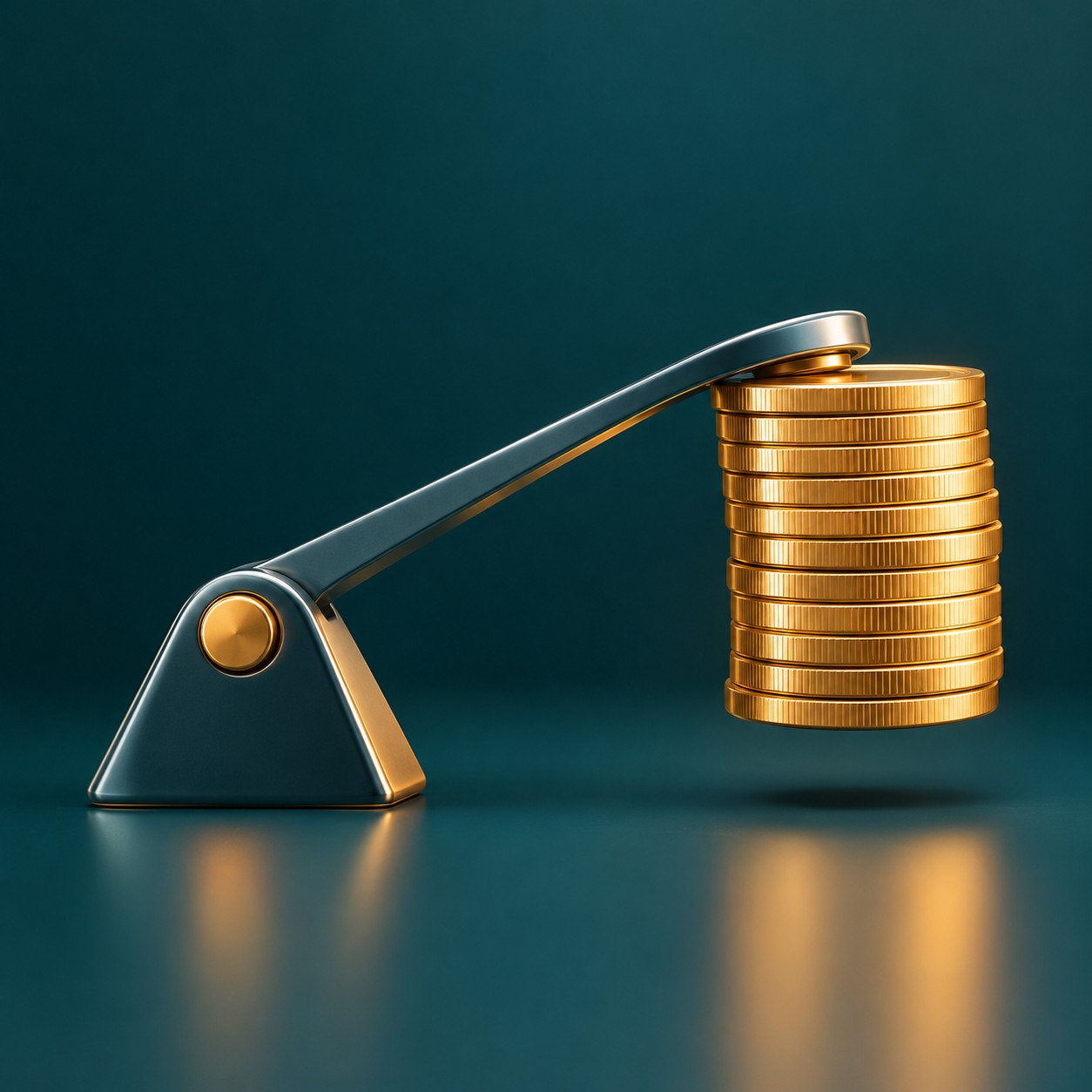 Precision lever lifting a stack of coins clean minimal composition