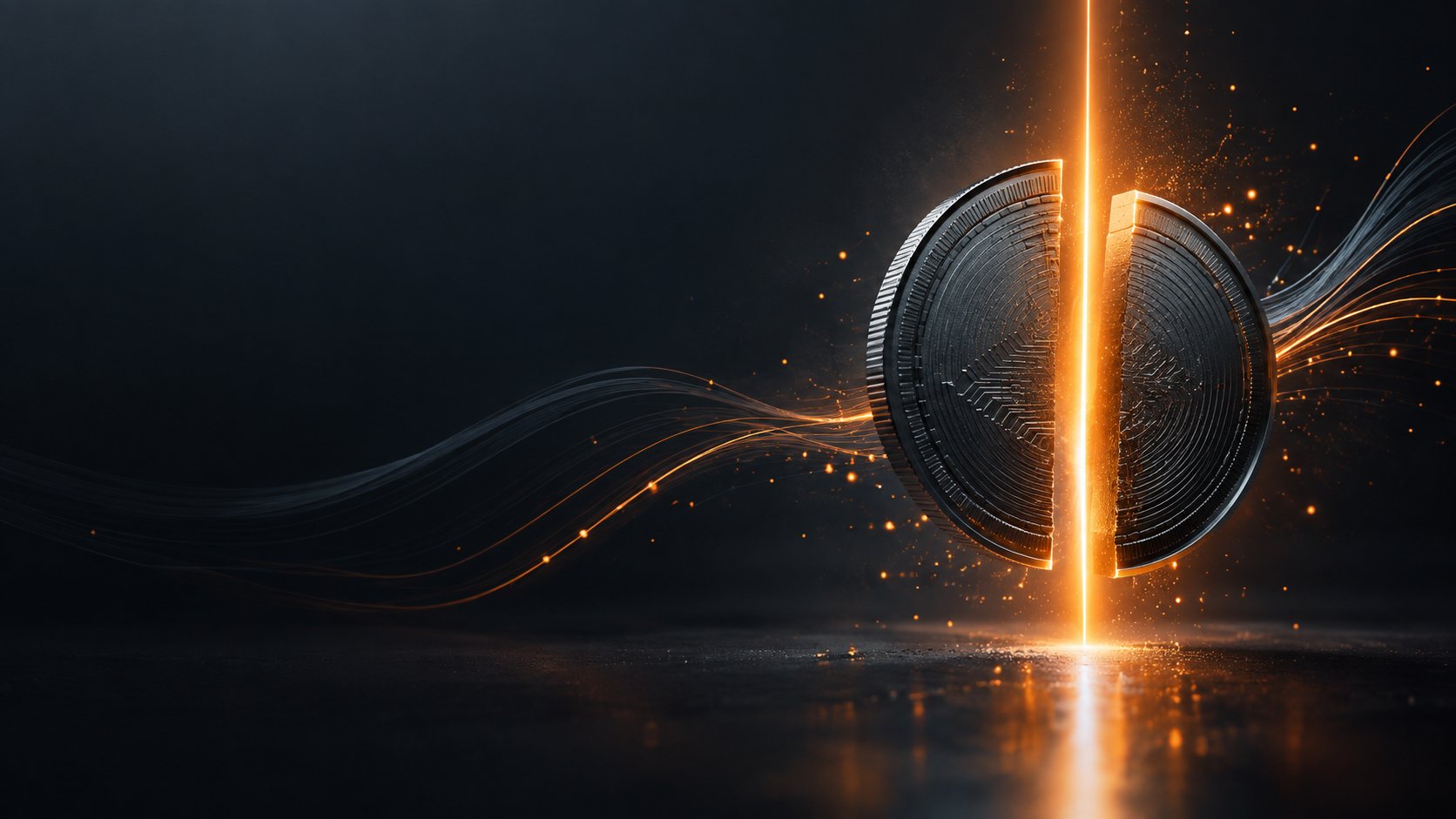 Coin being split into two halves by a beam of light